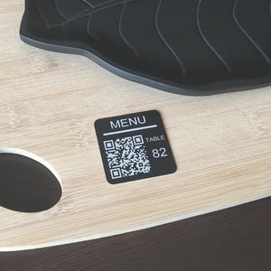 Custom QR laser engraved on black metal, table, bar, restaurant, QR menu, clubs
