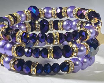 Purple Crystal Bead Bracelet, Gold Memory Wire, Boho Chic