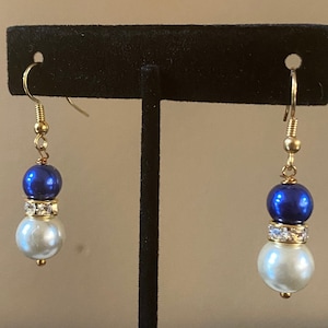 Ivory and Blue Glass Pearl Earrings with Rhinestone image 1