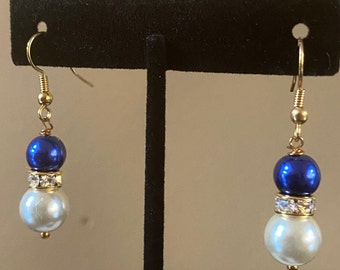 Ivory and Blue Glass Pearl Earrings with Rhinestone