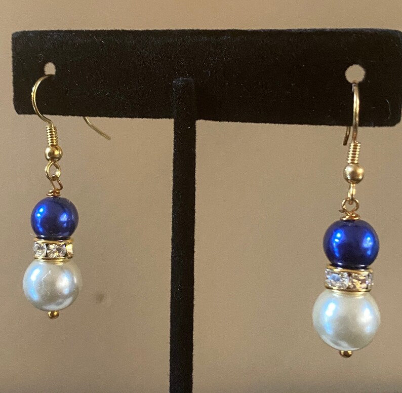 Ivory and Blue Glass Pearl Earrings with Rhinestone image 1