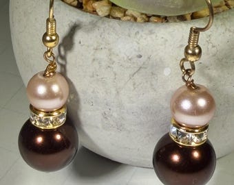 Bridal Jewelry Gift: Brown Ivory Glass Pearl Dangle Earrings with Sparkling Rhinestones