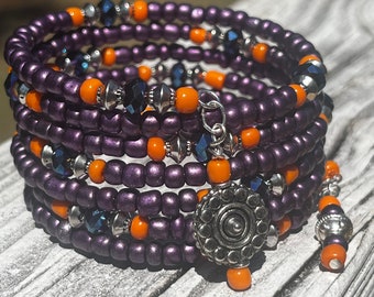 Purple Beaded Memory Wire Bracelet, Metal Dangles, Seven Layer