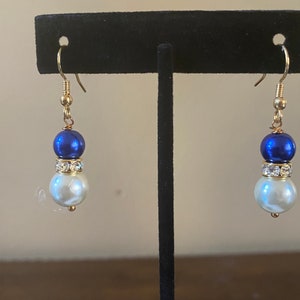 Ivory and Blue Glass Pearl Earrings with Rhinestone image 2