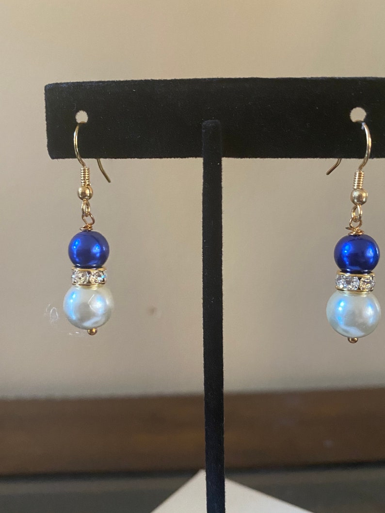 Ivory and Blue Glass Pearl Earrings with Rhinestone image 2