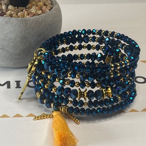 Metallic Blue Crystal Beaded Wrap Bracelet | Gold Metal Accents