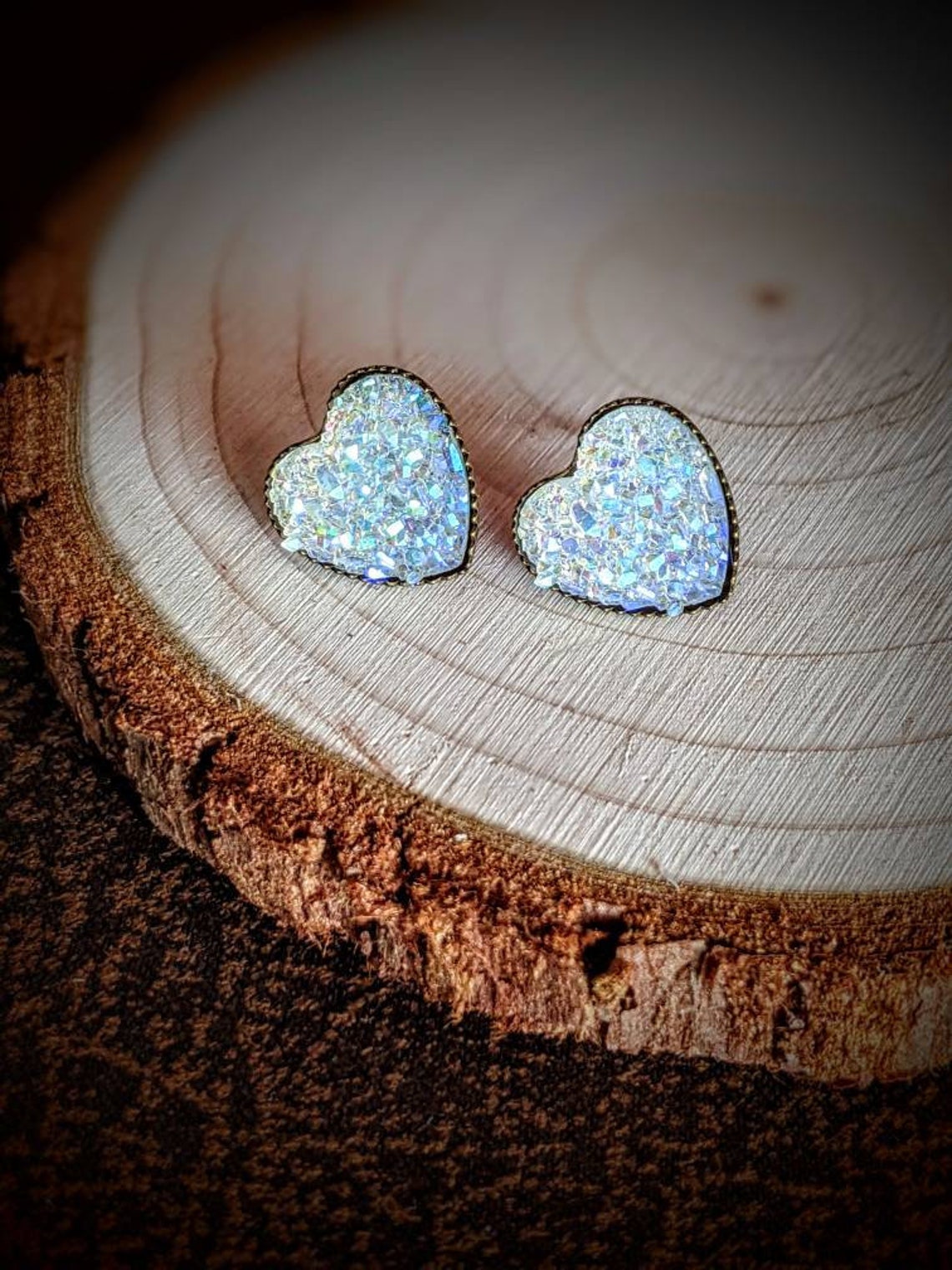 Heart Shaped Druzy Stud Earrings Opal Heart Druzy Studs Etsy