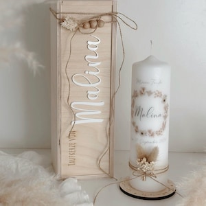 Baptismal candle &quot;MALINA&quot; with dried flowers in warm beige tones, modern, simple, neutral