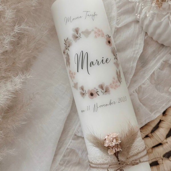 Baptism candle "MALINA Rosa" with dried flowers in pink-beige-grey | modern | girls | boho | simple dried flowers