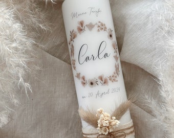 Baptism candle "MALINA" with dried flowers in warm beige tones / modern / playful / simple / neutral