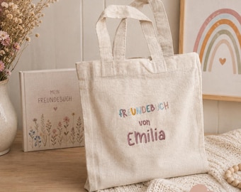 Colorful embroidered bag for a friendship book, personalized with a name of your choice for boys and girls; bag for a friendship album.