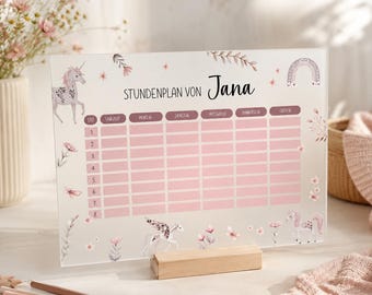 Personalized "Unicorn" timetable made of acrylic - wipeable and reusable, gift for starting school