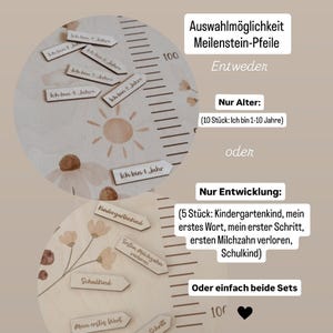 K&ouml;nnte beinhalten: Ein h&ouml;lzernes Wachstumsmessger&auml;t mit Sonnen- und Blumenillustration sowie schwarzen Markierungen bis 100. Enth&auml;lt pfeilf&ouml;rmige Holzmarker mit deutschem Text f&uuml;r Altersmeilensteine oder Entwicklungsschritte wie erste Worte und Schritte.