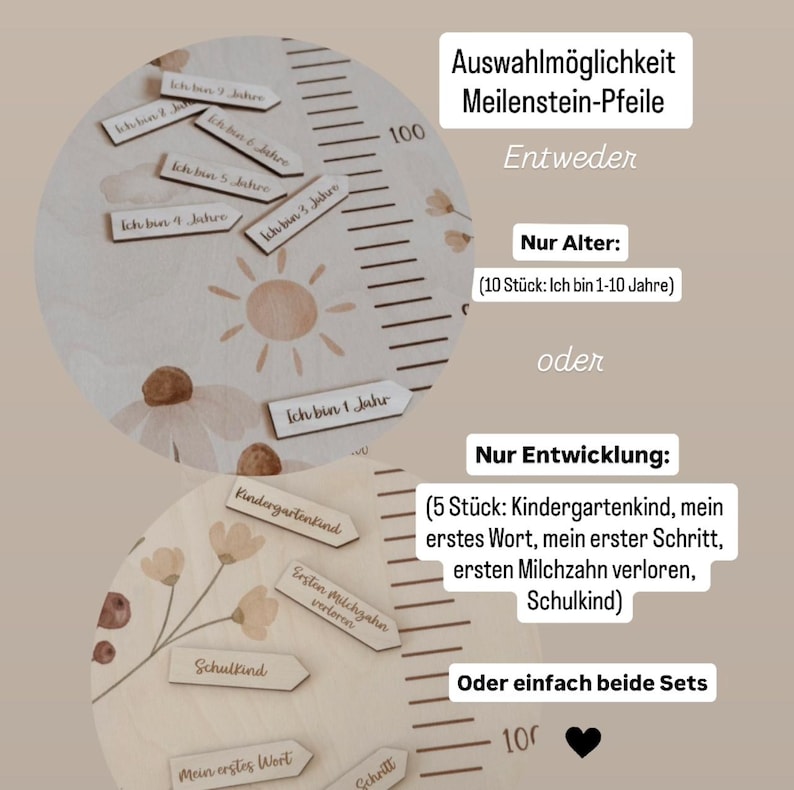 K&ouml;nnte beinhalten: Ein h&ouml;lzernes Wachstumsmessger&auml;t mit Sonnen- und Blumenillustration sowie schwarzen Markierungen bis 100. Enth&auml;lt pfeilf&ouml;rmige Holzmarker mit deutschem Text f&uuml;r Altersmeilensteine oder Entwicklungsschritte wie erste Worte und Schritte.