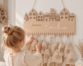 Personalized Advent calendar "Magical" for filling, with name, made of wood, with houses and Christmas trees