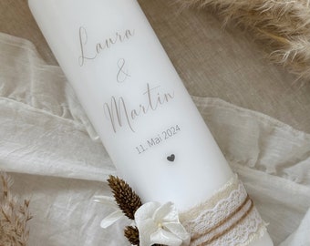 Beautiful, elegant and simple wedding candle "goldie" - with golden dried flowers and lace | Wedding | Boho |