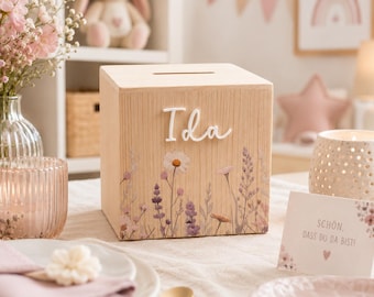 Personalized wooden money box "purple flower meadow" for children, a sweet gift for birth, christening or birthday