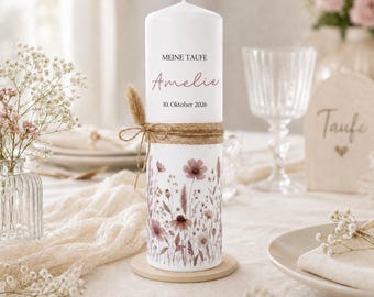 Christening candle "Emily" with a floral autumnal design in pink tones, jute twine and dried flowers, and optional christening verse for girls