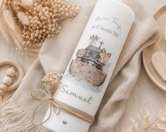 Christening candle “Noah’s Ark - Forest Animals”, animal motif, neutral in beautiful brown and nude colors, customizable for girls and boys