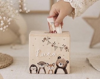 Personalized wooden money box "Forest Animals" for children, a sweet gift for birth, christening or birthday