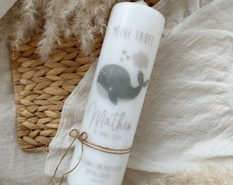 Christening candle "lovely whale" with a cute whale motif and jute twine, neutral for boys and girls, modern, playful, childlike