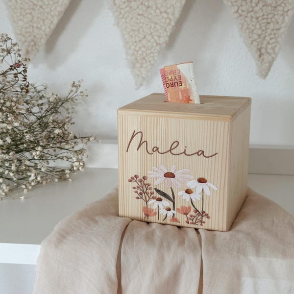 Personalized wooden money box "colorful flower meadow" for children, a sweet gift for birth, christening or birthday