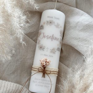 Högkvalitativt, modernt dopljus "Dream" med torkade blommor och en liten träregnbåge / beige-rosa / bohemisk / enkel för flickor