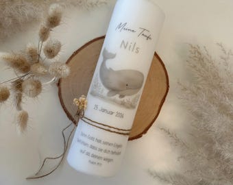 Christening candle “Nils” with pastel whale in beige-grey, natural and neutral