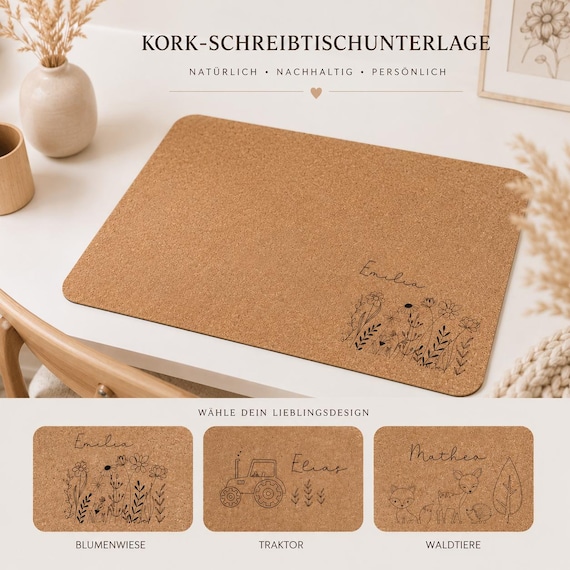 Kinder-Schreibtischunterlage mit verschiedenen Motive aus Kork, personalisiert mit Name