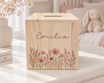 Personalized wooden money box "Summer Meadow" for children, a sweet gift for birth, christening or birthday