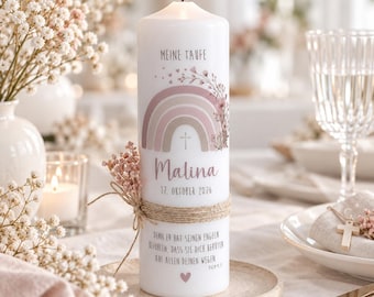 Christening candle “Child of the Heart” with rainbow, delicate flowers and hearts in pink and beige colors for girls