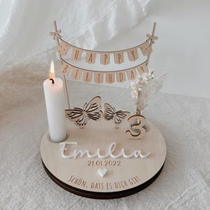 Dolce piatto compleanno con data di nascita e nome farfalle personalizzate, ghirlanda/simpatico rituale per il compleanno di un bambino, decorazione per la tavola