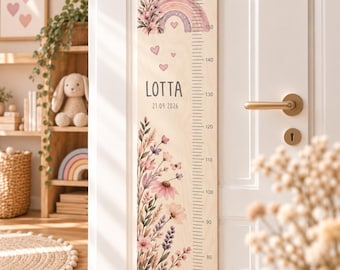 Personalized wooden growth chart "Rainbow Dream" in soft purple and pink colors, baby gift, christening gift, Christmas gift