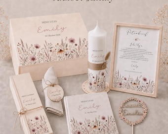 Personalisiertes Tauf-Set "Emily" floral mit altrosa Blumen, Taufkerze, Aufbewahrungsbox, Cakteopper, Serviettenanhänger, Kerzenuntersetzer