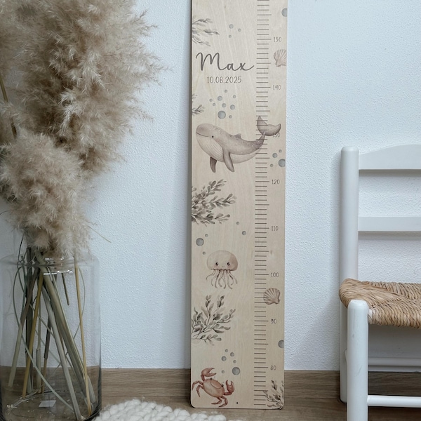 Personalized children's growth chart "Underwater World" made of wood or coated in white in neutral colors as a baby gift, christening gift