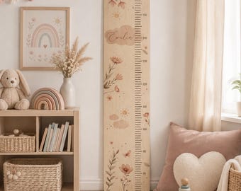 Personalisierbare Kindermesslatte "Zauberwiese" aus Holz oder in weiß für Mädchen in neutralen Farben als Babygeschenk, Geschenk zur Taufe