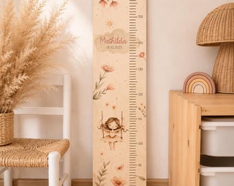 Personalisierbare Kindermesslatte "Feenzauber" aus Holz oder in weiß für Mädchen in neutralen Farben als Babygeschenk, Geschenk zur Taufe