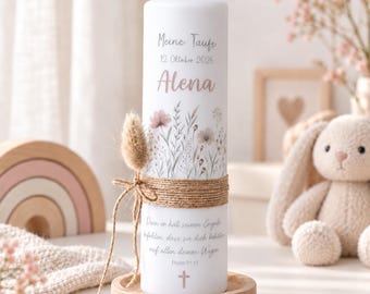 Christening candle “Blossom Blessing” with delicate wildflower watercolor in pastel pink for girls