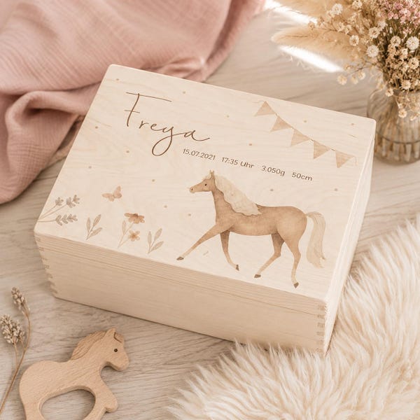 Wonderful personalized memory box "Horse Dream" with beautiful, delicate horse motifs, birth details, gift idea for girls
