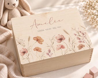 Personalized memory box "Autumn Flower" with beautiful delicate pastel blossoms, birth details, birth gift, christening gift