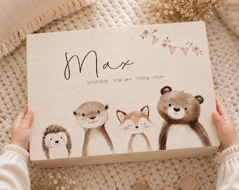 Erinnerungsbox "Waldtiere" personalisiert mit Geburtsdaten, Geschenk zur Geburt, Geschenk Taufe