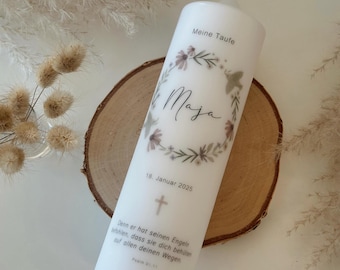 Christening candle “Maja” with pastel wildflower wreath and doves in lilac/pink