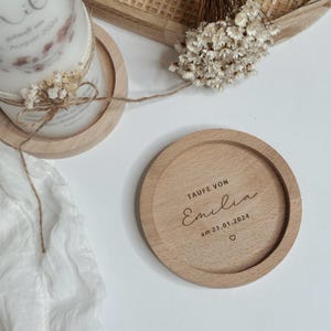 Personalized candle coaster made of natural beech, engraved candle plate for baptism candle, inner diameter 8.5 cm