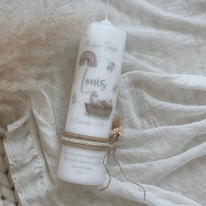 Baptismal candle &quot;Noah&quot; with rainbow and Noah&#39;s Ark in brown tones, dried flowers, candle for boy and girl