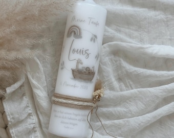 Christening candle “Noah” with rainbow and Noah’s Ark in brown tones, dried flowers, candle for boys and girls