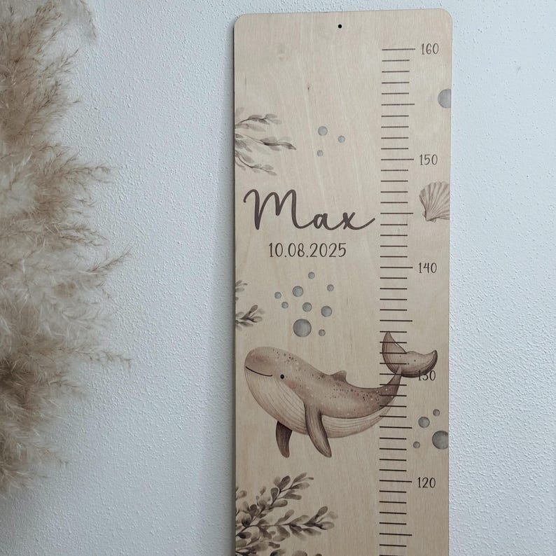 Personalisierbare Kindermesslatte "Unterwasserwelt" aus Holz oder in weiß beschichtet in neutralen Farben als Babygeschenk, Taufe Bild 3