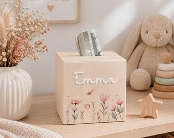 Salvadanaio in legno personalizzato "Magic Meadow" per bambini, un dolce regalo per nascita, battesimo o compleanno