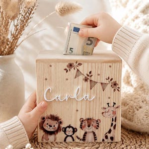 Holzspardose "Zoo-Tiere" personalisiert mit Name für Kinder aus Holz, süßes Geschenk zur Geburt, Taufe oder zum Geburtstag
