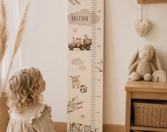 Wooden height chart "Farm" for boys and girls (personalized with name) in neutral colors as a baby gift, christening gift