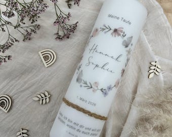 Christening candle “Emilia” with pastel wildflower wreath in lilac/pink